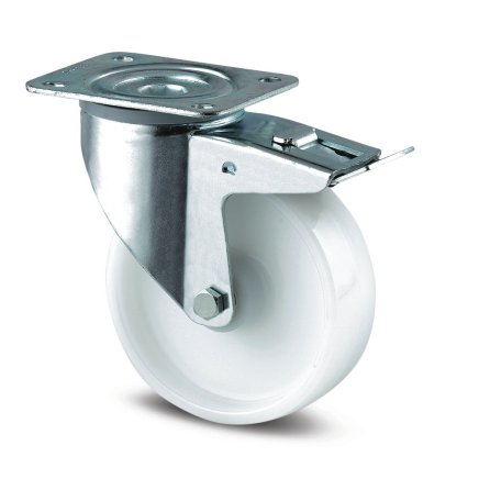 Swivel industrial wheel white with total brake and mounting plate (4 models)