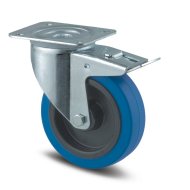 Swivel industrial wheel, blue, ø 125 mm with total brake and mounting plate