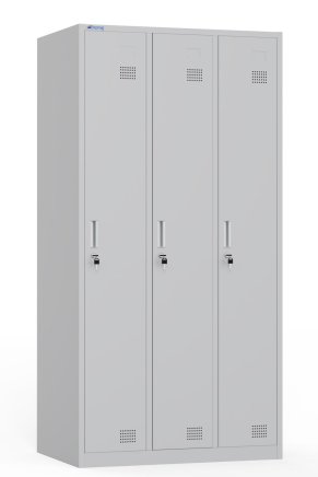 Metal wardrobe with three compartments and cylinder lock