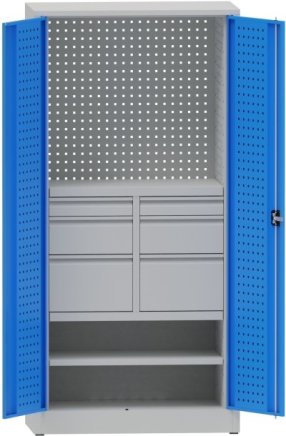 Workshop cabinet with divided drawers and shelf